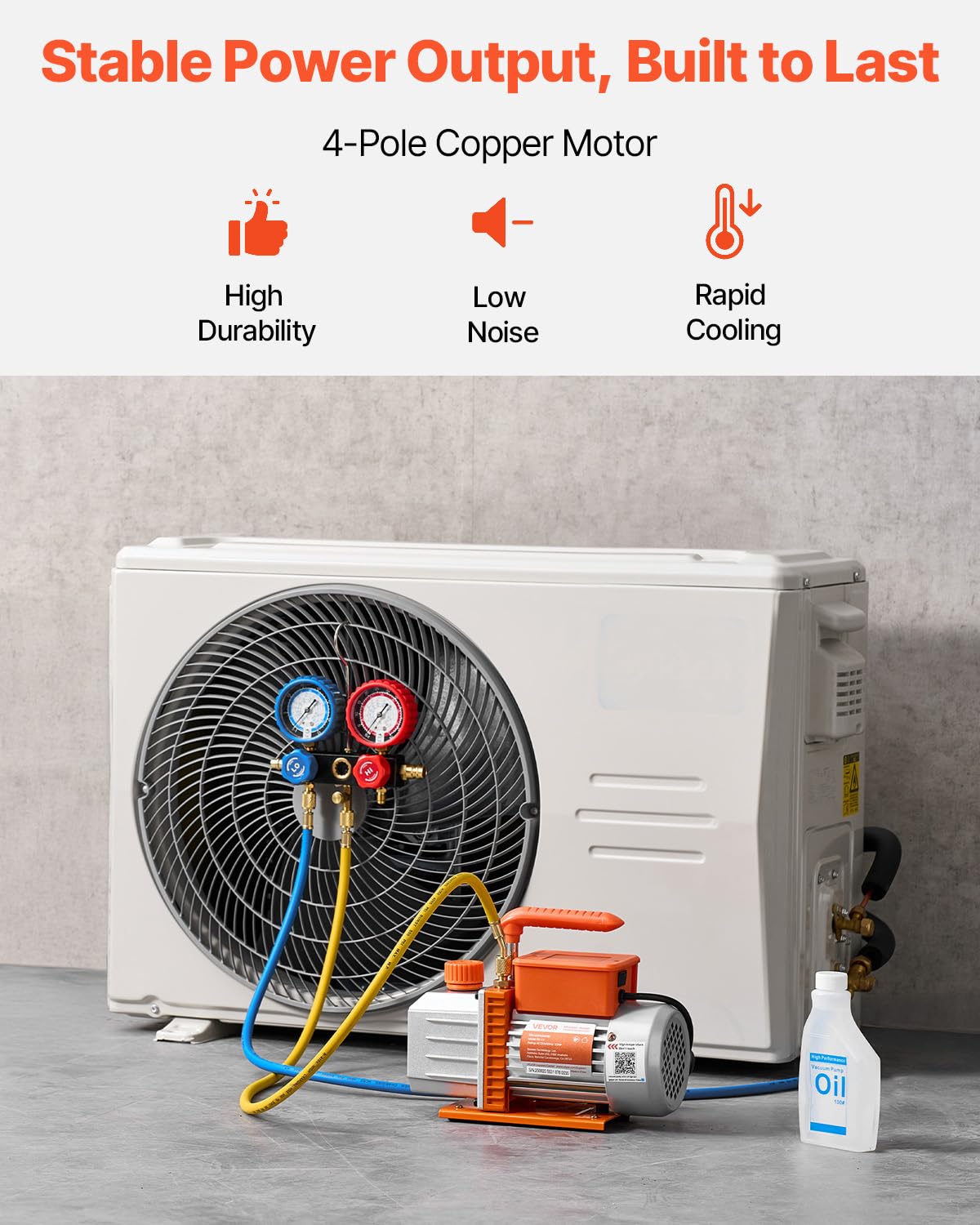 VEVOR Pompa próżniowa do klimatyzacji 128 l/min HVAC Pompa próżniowa 180 W z zestawem wskaźników i trójkolorowym wężem gumowym Torba transportowa 1440 obr.