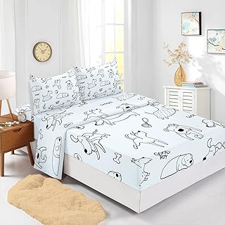 CVHouse Kawaii Dog Bed Set Sheets Queen Size,Kawaii Cartoon Dog Puppy Bedding Sets for Kids Teens,Cute Puppy Dog Fitted Sheet Sets,1 Flat Sheet & 1 Fitted Sheet with 2 Pillow Cases - 4 Pieces