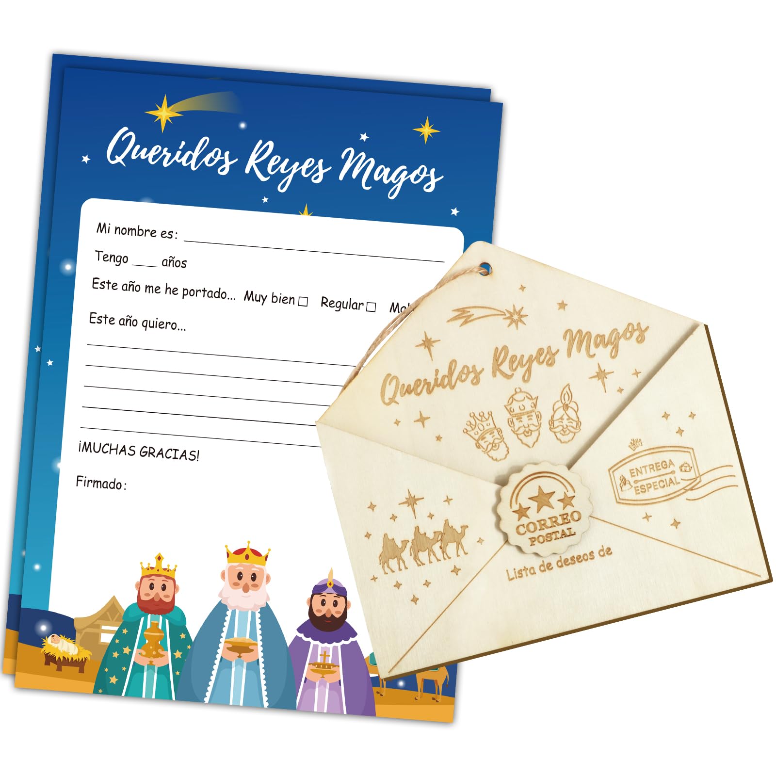BOFUNX Sobre de Madera Papel Carta de Reyes Magos Español Tarjeta Colgar de Felicitación para Escribir Decoración Colgante para Puerta Pared Ventana para Fiestas Día de Reyes Magos