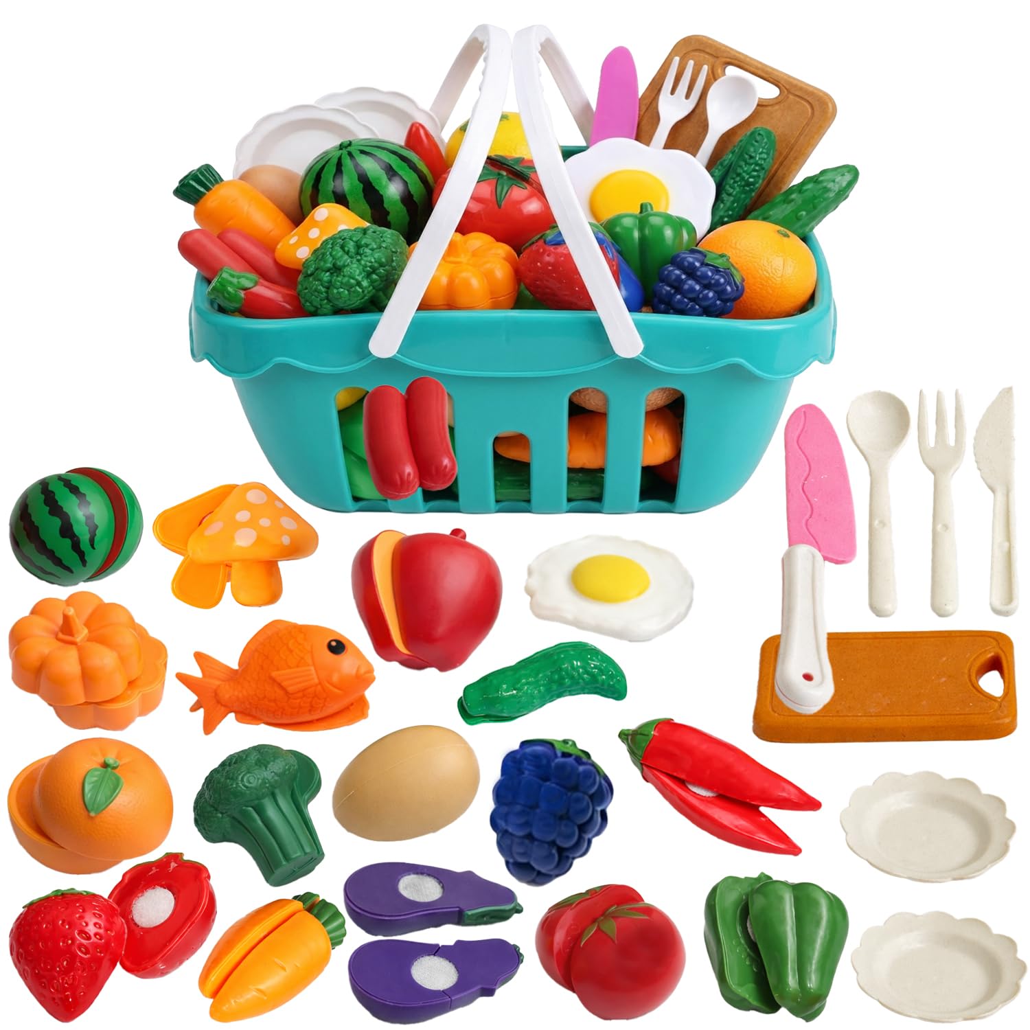 FunBlast Fruits & Vegetables Play Set Toys, 26 Pcs; Realistic Sliceable Cutting Pretend Play Kitchen Toys for Kids, Play Food Toys, Fruit Vegetable Toys, Chopping Board with Knife & Basket-image-31