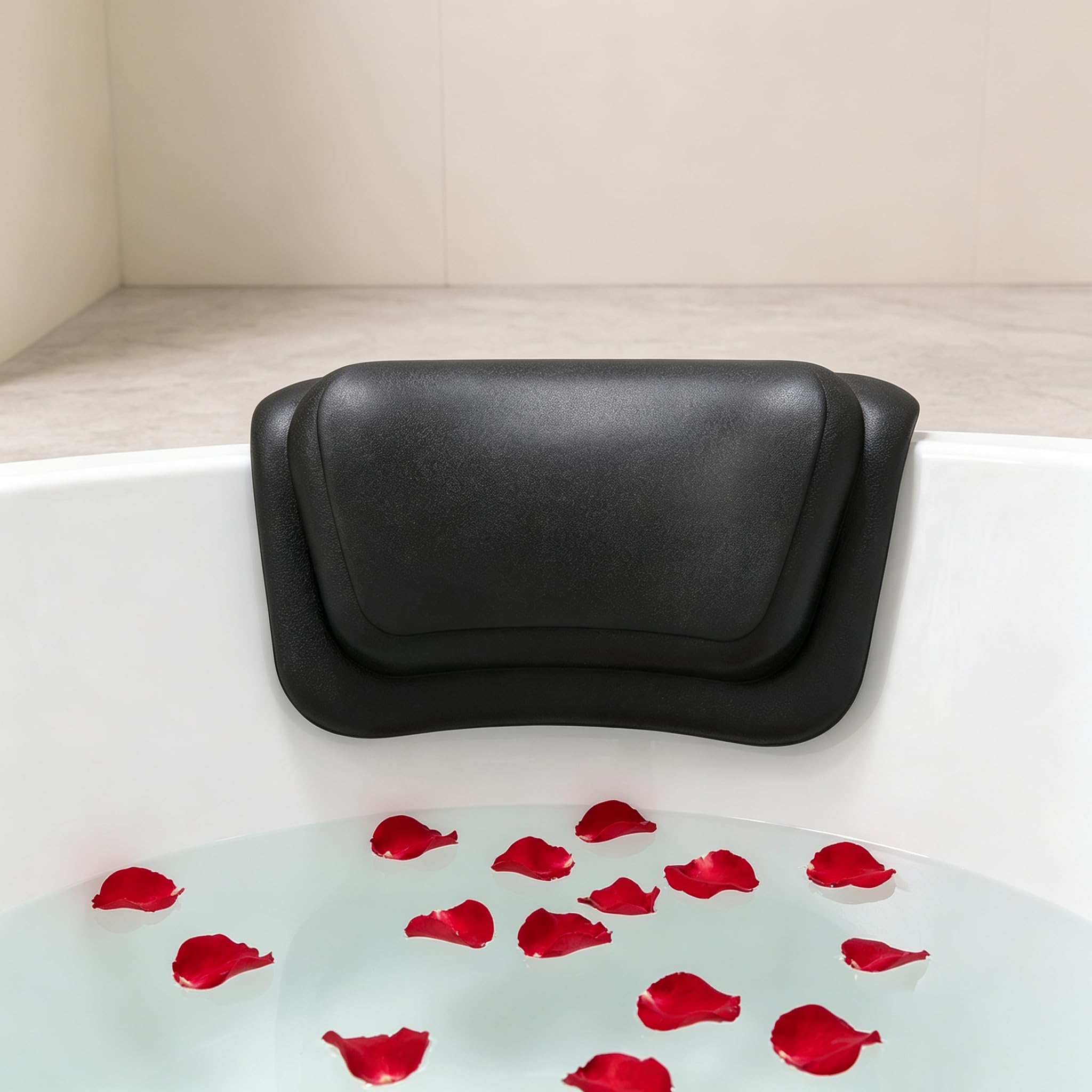 Lonkenn Bath Pillow – Bath Cushion with 2 Suction Cups, Non-Slip Bath Pillows for Head and Neck Support, Quick-Dry & Easy Clean, Relaxing Bathtub Accessories-Black
