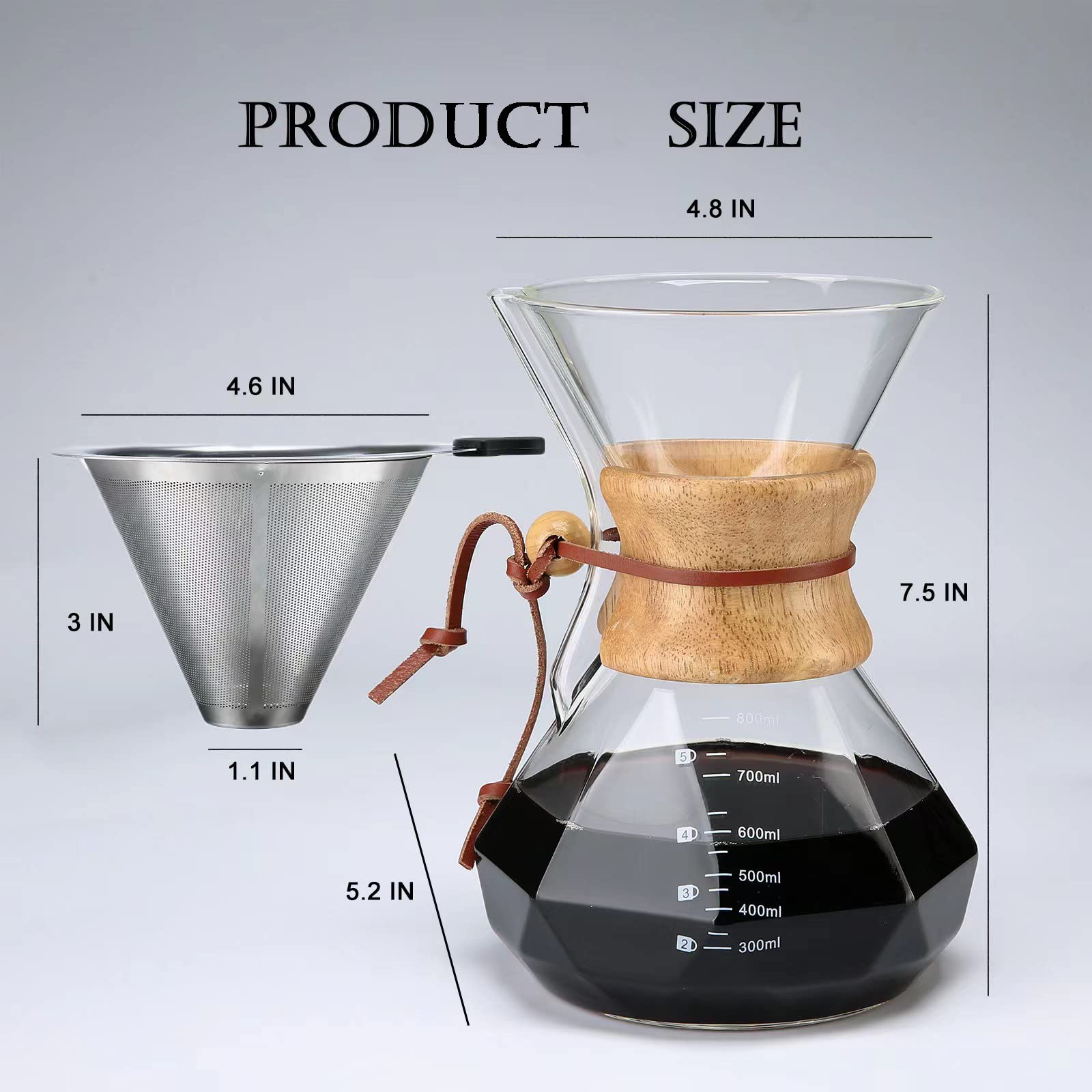 Caffettiera Pour Over Lalord In Vetro 600ml - Con Filtri Di Carta 100pz, Manico In Noce, Per Caffè Gourmet - Foto 9