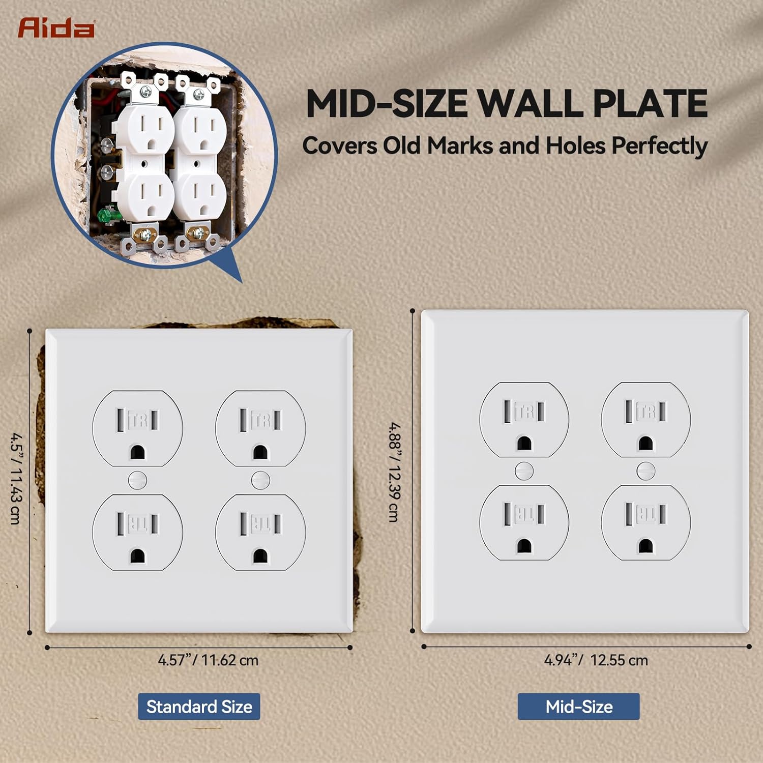 AIDA 2-Gang Midsize Duplex Outlet Covers, Glossy White, 10-Pack Unbreakable Polycarbonate Replacement Wall Plates for Light Switch Cover Plate, UL Listed, 4.88" H x 4.94" L