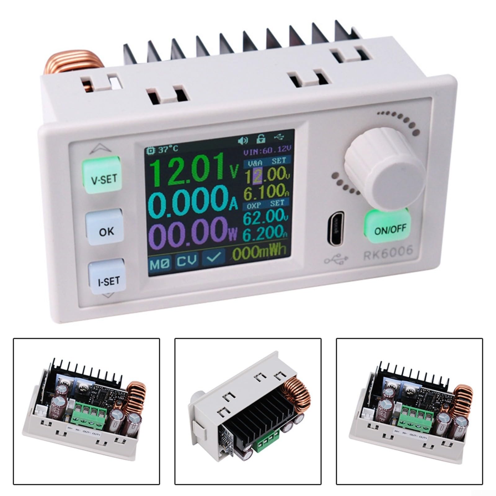 RK6006 Alimentatore di rete regolabile 0-60V 0-6A 360W con LCD da 1,54", convertitore DC per controllo PC/app, protezione da sovratensione, aggiornamento firmware (RK6006)