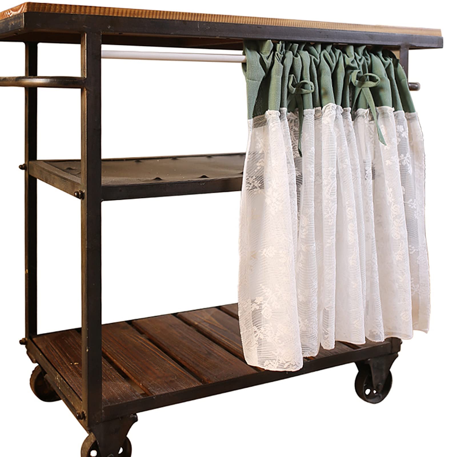Rideau de café vert et dentelle blanche pour petite fenêtre et armoire