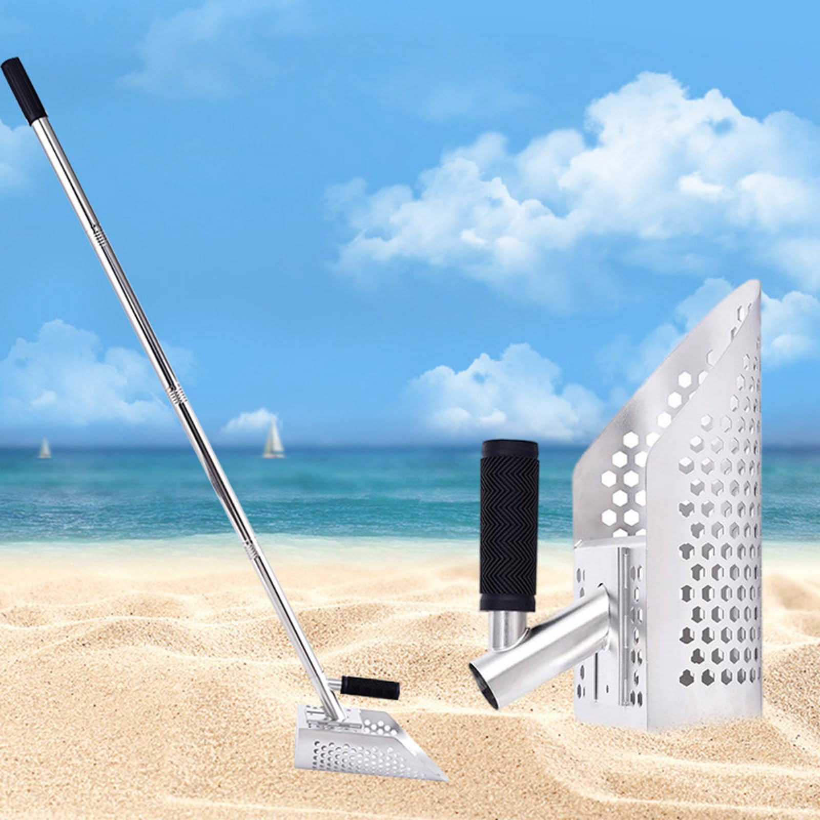 Paletta di sabbia ergonomica a manico lungo per la spiaggia, perfetta per miniere dorate, setacciare la sabbia o cacciare tesori in spiaggia