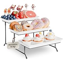 3-Tier Melamine Serving Tray Set, 11.5" x 5.6" Platters for Serving Food, White Reusable Trays with Black Metal Display Stand for Cupcakes, Sevring Food, Dessert, Fruit, Cookie, Black