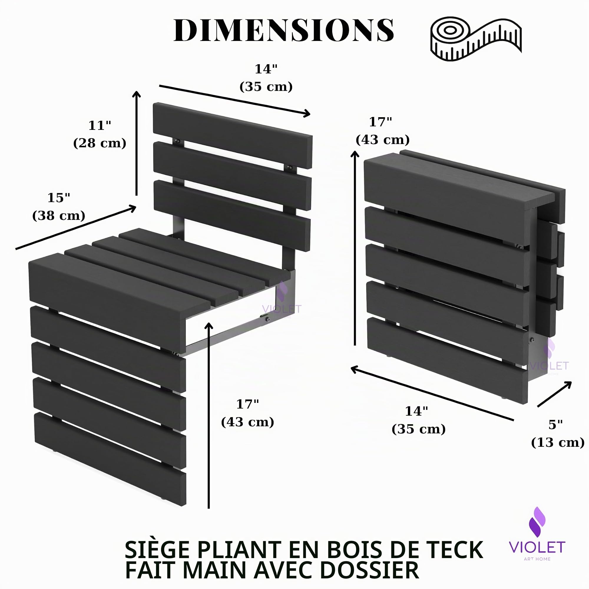 Siège de douche mural pliable en bois de teck avec dossier, tabouret de salle de bain pliable avec pieds, matériaux de qualité supérieure, fabriqué à la main, économie d'espace et chaise super sûre