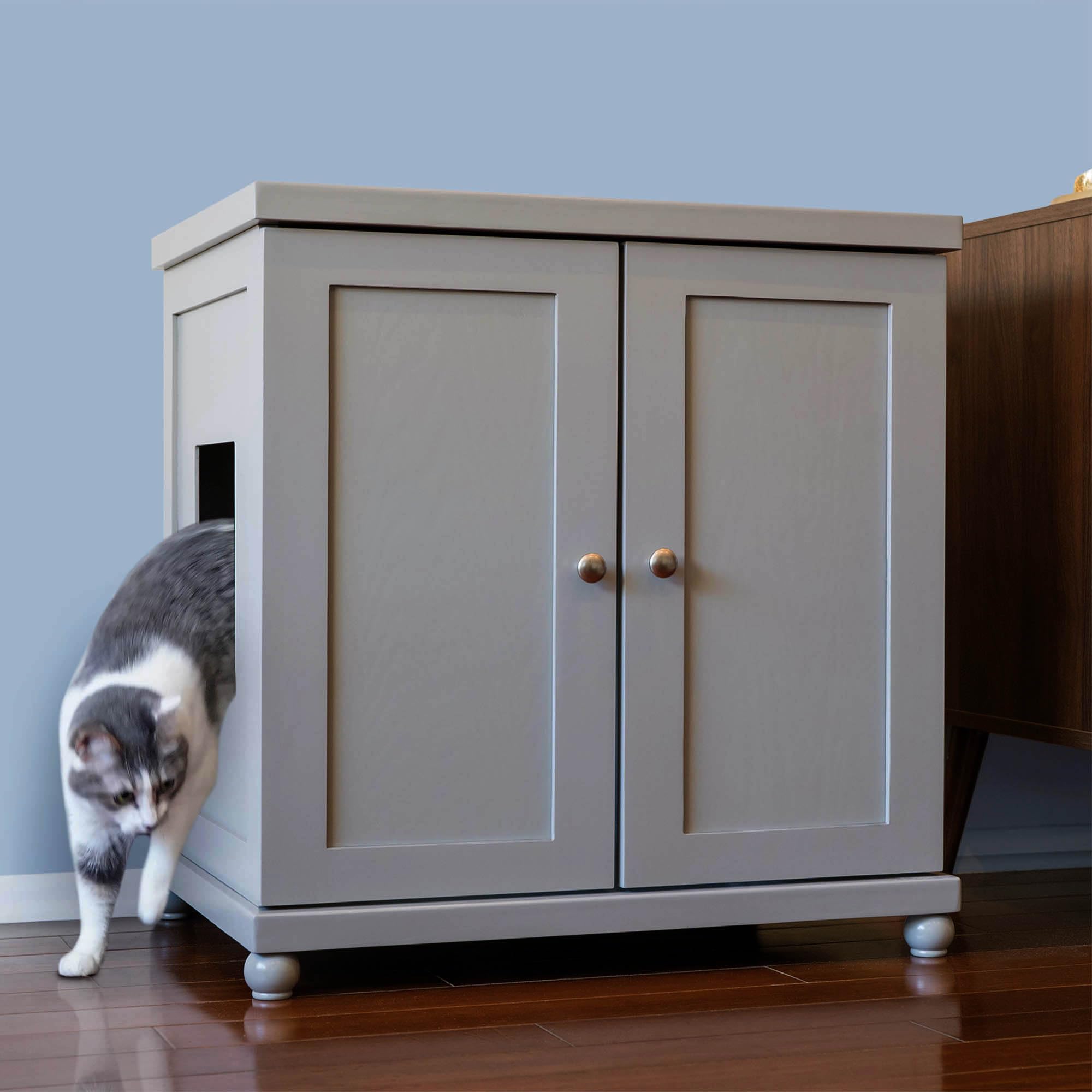The Refined Feline Cat Litter Box Enclosure Cabinet, Modern, Smoke Gray, Round Feet, Large, Hidden Litter Cat Furniture with Drawer