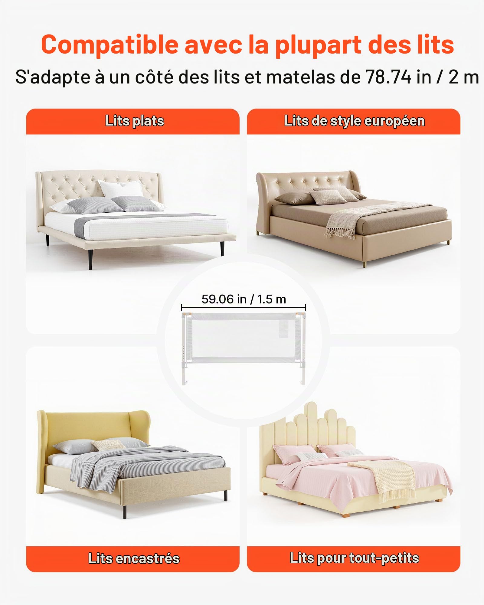 VEVOR Barrière de Sécurité de Lit pour Enfants, Longueur 1,5 m, Barrière de Lit pour Tout-Petits, avec Tube en Fer Renforcé, Tissu Oxford, Hauteur Réglable 68-89 cm, pour Épaisseur de Matelas 5-27 cm