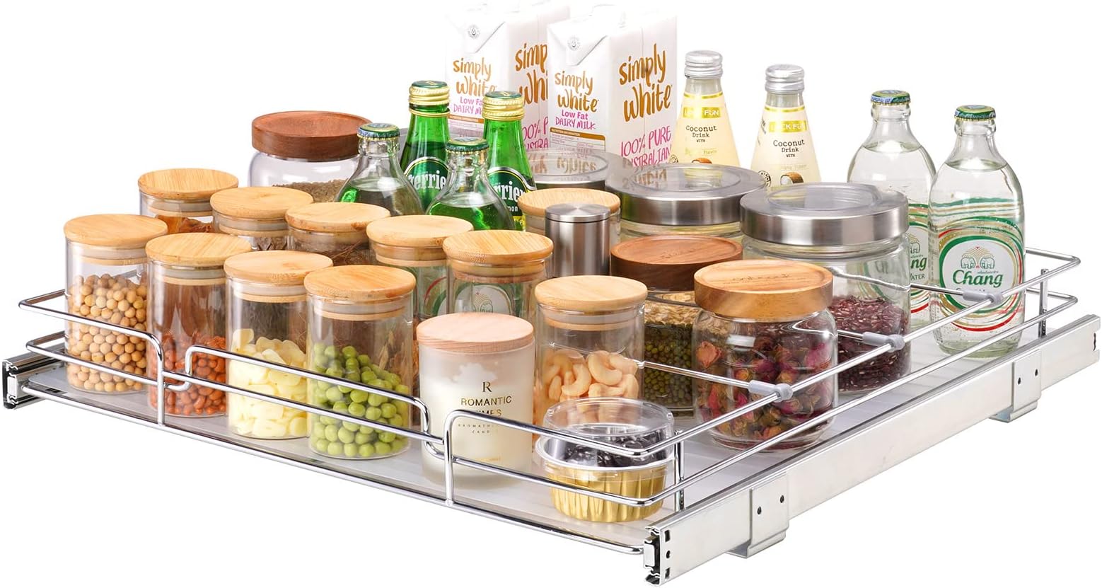 VEVOR 21.5" Wx21 Dx3.5 H Pull Out Cabinet Organizer, Heavy Duty Slide Out Pantry Shelves, Chrome-Plated Steel Roll Out Drawers, Storage for Home, Under Sink, 23" Wx22 Dx7 H Install Size for Cabinet