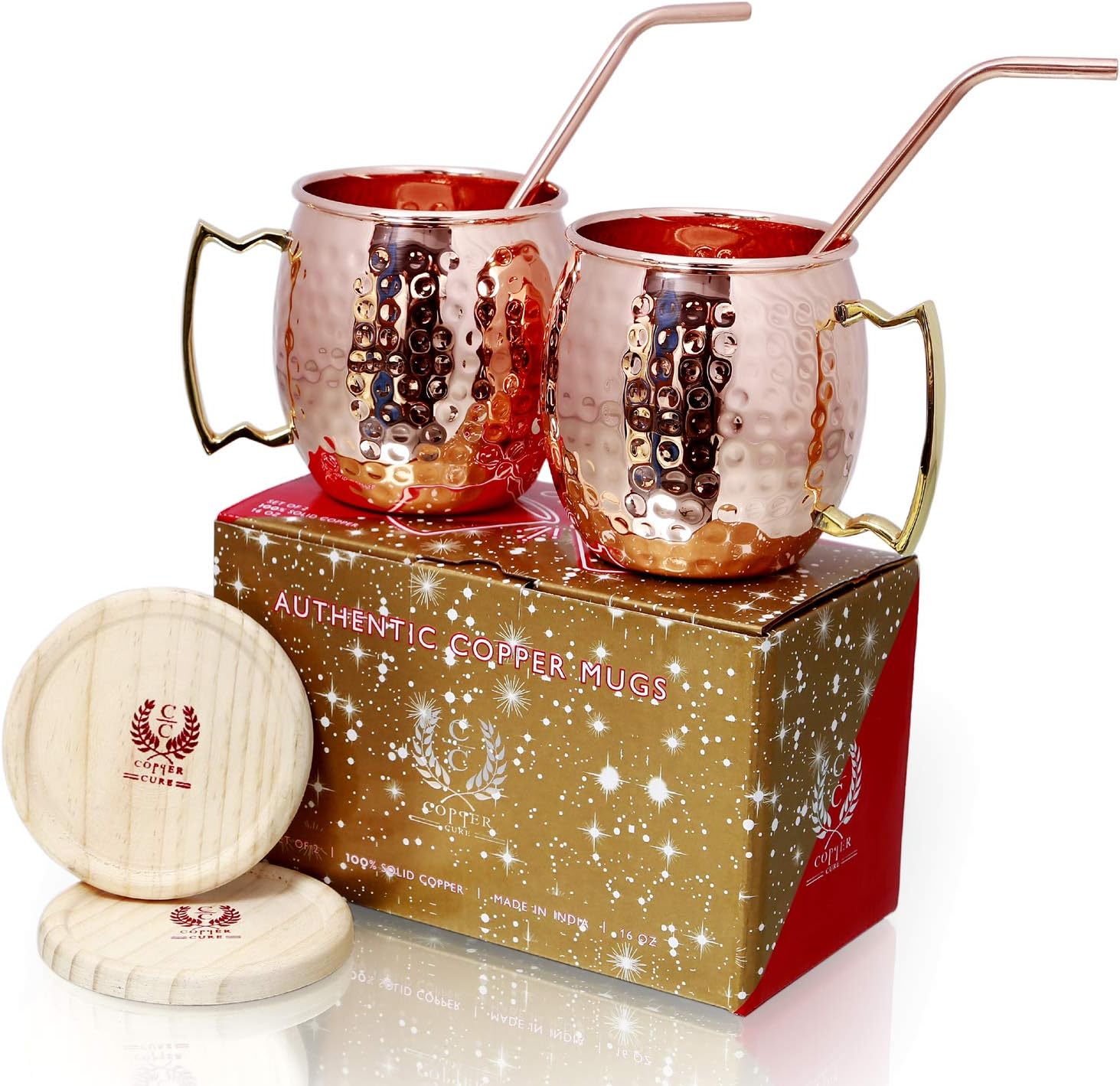 Copper Cure Pure Copper Mugs -100% Handcrafted Copper Cups - Hammered Copper With Copper Straws & Wooden Coasters - Gift Set