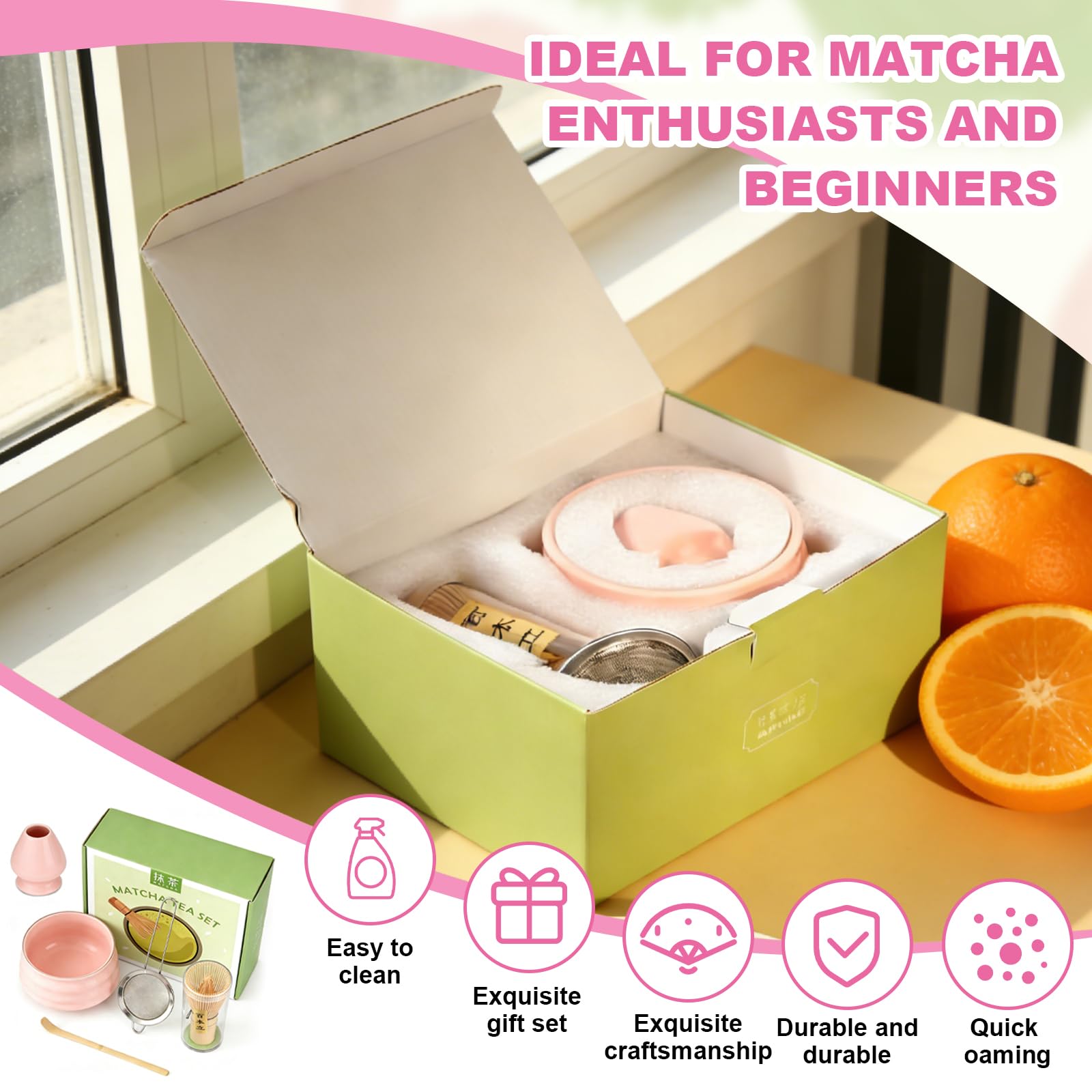 Matcha Kit 5 Pezzi per Principianti, Kit Matcha Completo con Ciotola e Supporto, Cucchiaio, Frusta in Bambù per Cerimonia Tè Matcha Artigianale