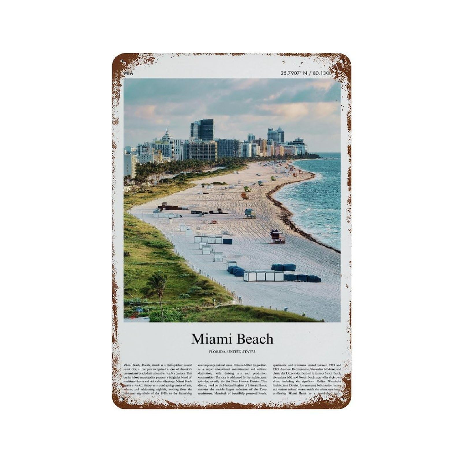 xiaoxiaoshen Miami Beach Florida, United States, USA City Scenery Wall Decor Art Metal Tin Poster Modern Home Decor Art Home Bar Shop Decorations Vintage Sign 30x20cm