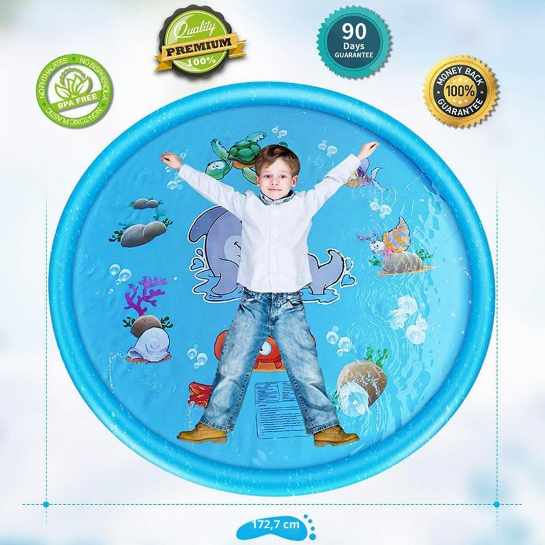 Tappetino Gioco d'Acqua Bambini, Tappetino a Spruzzo Gonfiabile per Bambini, 170 cm, Gioco Estivo per Giardino All'aperto, Pieghevole e Leggero (Blue Rainbow)