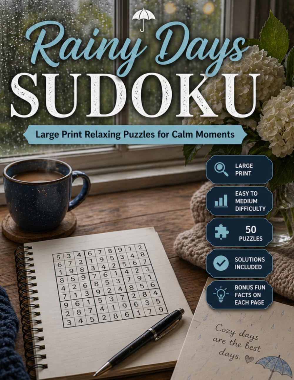 Rainy Day Sudoku: Large print relaxing sudoku with a rainy day feel | Rainy Day Sudoku Edition (Cozy Escapes Sudoku Series)