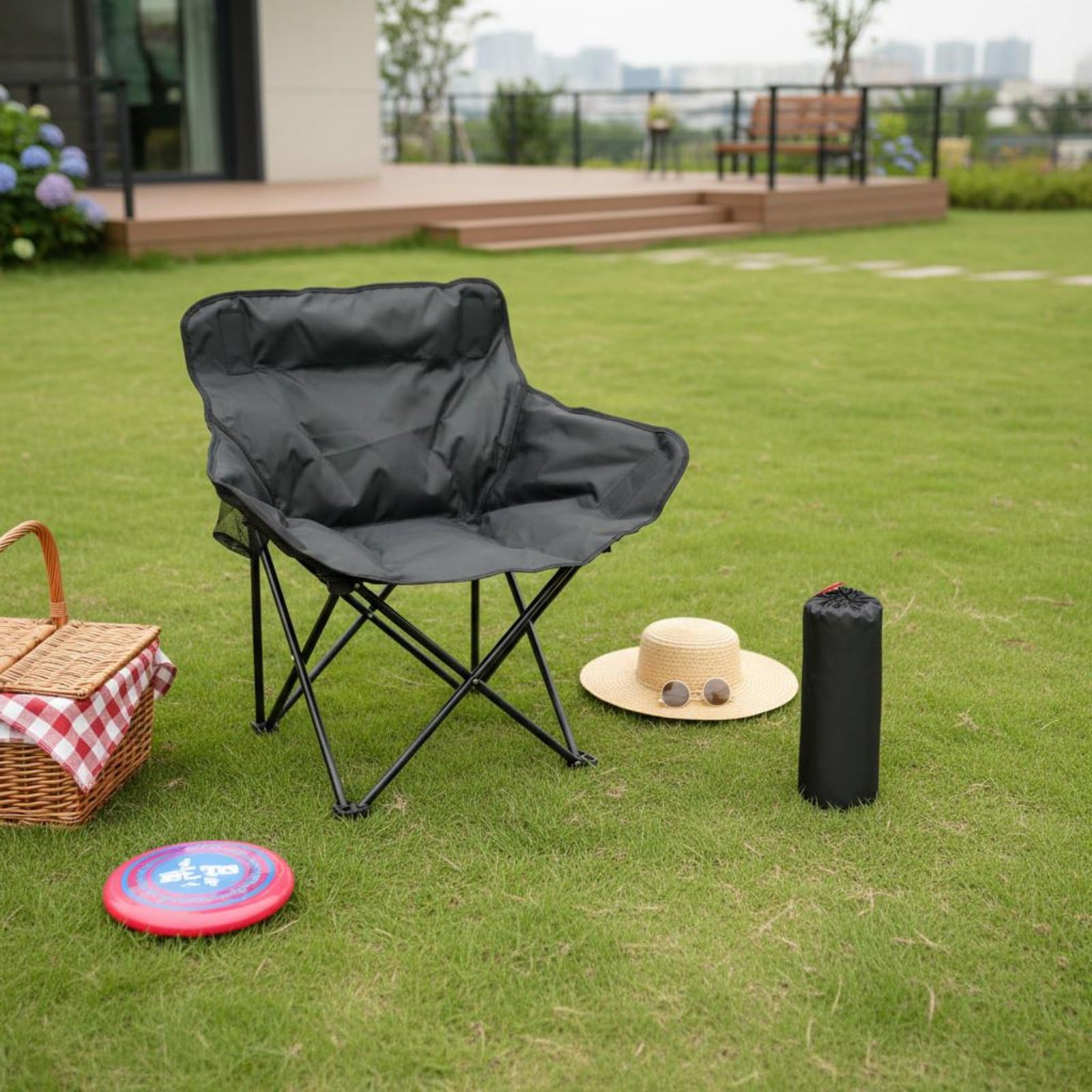F Fityle Silla Plegable Acolchada Silla Reclinable Silla Alta con Respaldo Silla de Camping Estructura de Acero al Carbono y Tela Oxford 600D Respaldo, Negro, Acolchado Deluxe