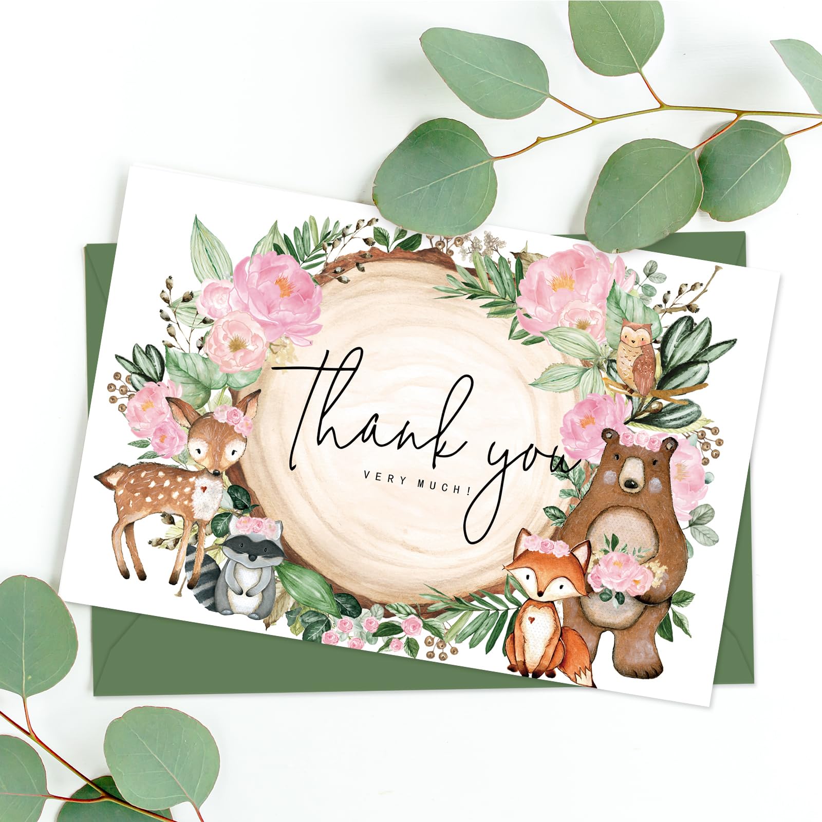 JarThenaAMCS 50 Pack Woodland Thank You Cards Boxed Pink Floral Forest Animal Greeting Cards With Envelopes Stickers Blank Note Cards for Baby Shower