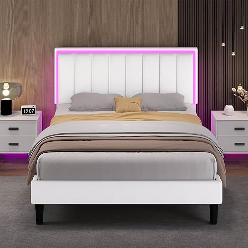 Miniatura 14 de Marco de cama tamaño completo, marco de cama tapizado con luces LED, cama de plataforma con cabecero, soporte de listones de madera y metal Negro