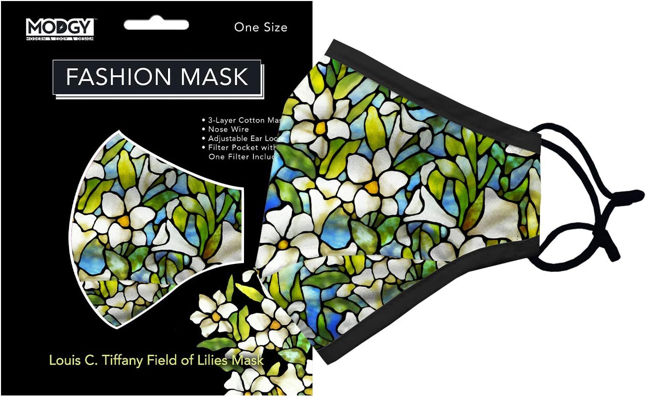 MODGY Fashion Mask 3-Layer Cloth Face Masks with Filter Pocket Insert, Nose Wire, Adjustable Ear Loops, Breathable, Reusable, Washable, Women, Men, Adults, Louis C. Tiffany Lilies