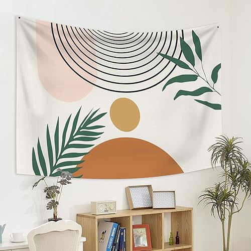 Miniatura 7 de Tapiz de mediados de siglo, bohemio, bohemio, estética, moderno, abstracto, geométrico, tapiz con curvas de arco solar, hojas verdes, tapices para
