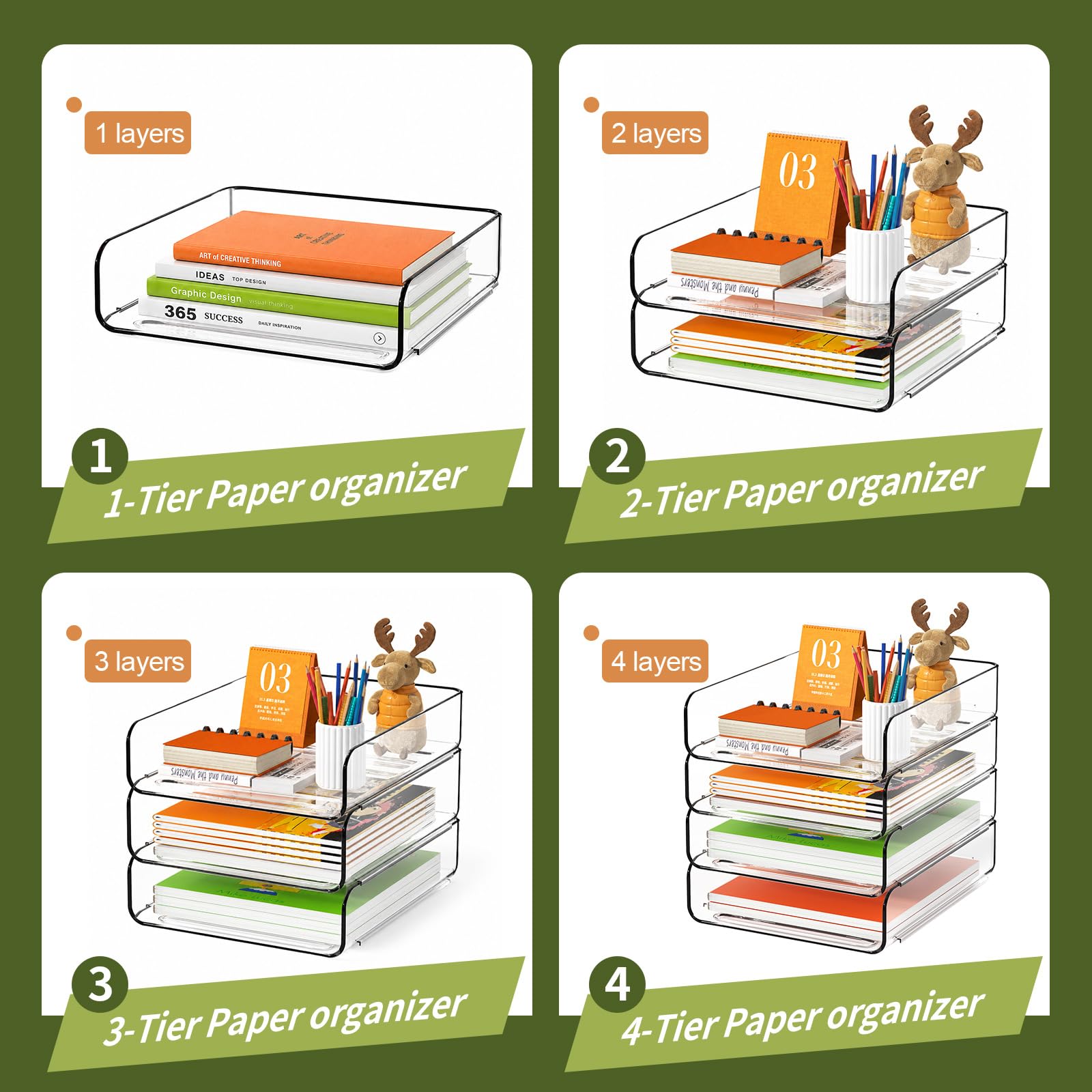 FANXIYQ Organizador de bandeja de papel acrílico de 4 niveles | Organizador de escritorio apilable transparente para documentos, cartas, papel A4 | Organización moderna de oficina/aula/hogar