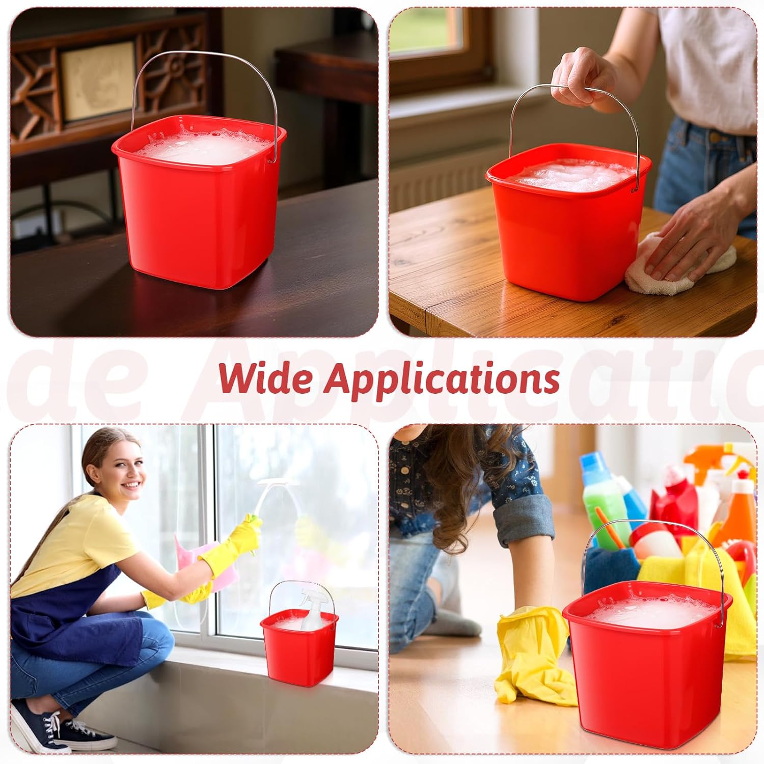 JJUNW 6 Pcs 3 Quart Cleaning Bucket, Detergent Square Bucket, Plastic Utility Cleaning Pail Stackable Cleaningpail Small Square Buckets for Restaurant Kitchen Home Offices Commercial (Red)