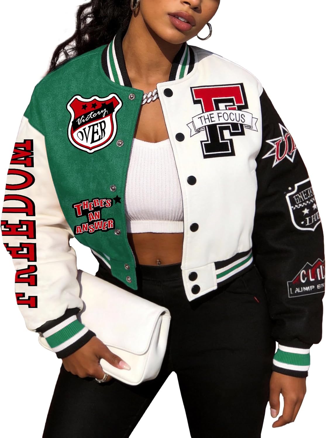 Flygo Women's Cropped Varsity Jacket Baseball Jacket Colorblock Letter Print Y2k Button Down Bomber Uniform