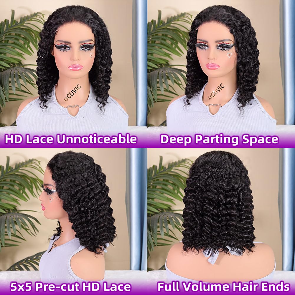 UCUVIC Curly Bob Wig Human Hair 5x5 Wear And Go Glueless Wigs Human Hair Pre Plucked Pre Cut Deep Wave Lace Front Closure Wigs For Black Women 200 Density Curly Wig Glueless Wear And Go Black 12 Inch