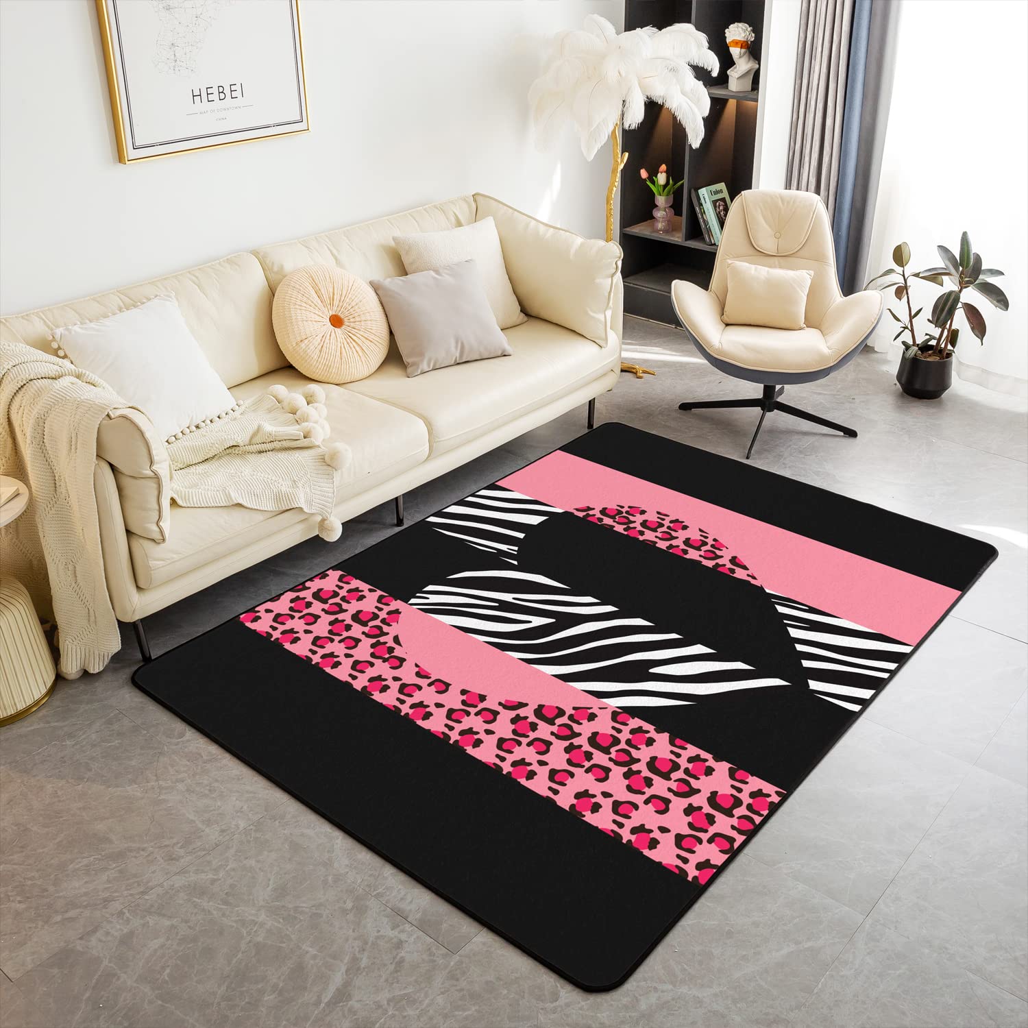 Leopard Print Pink Area Rug 3'x5' Black White Zebra Stripes Decorative Rug for Girls Women Teens Geometric Simple Romantic Style Non Slip Carpet for