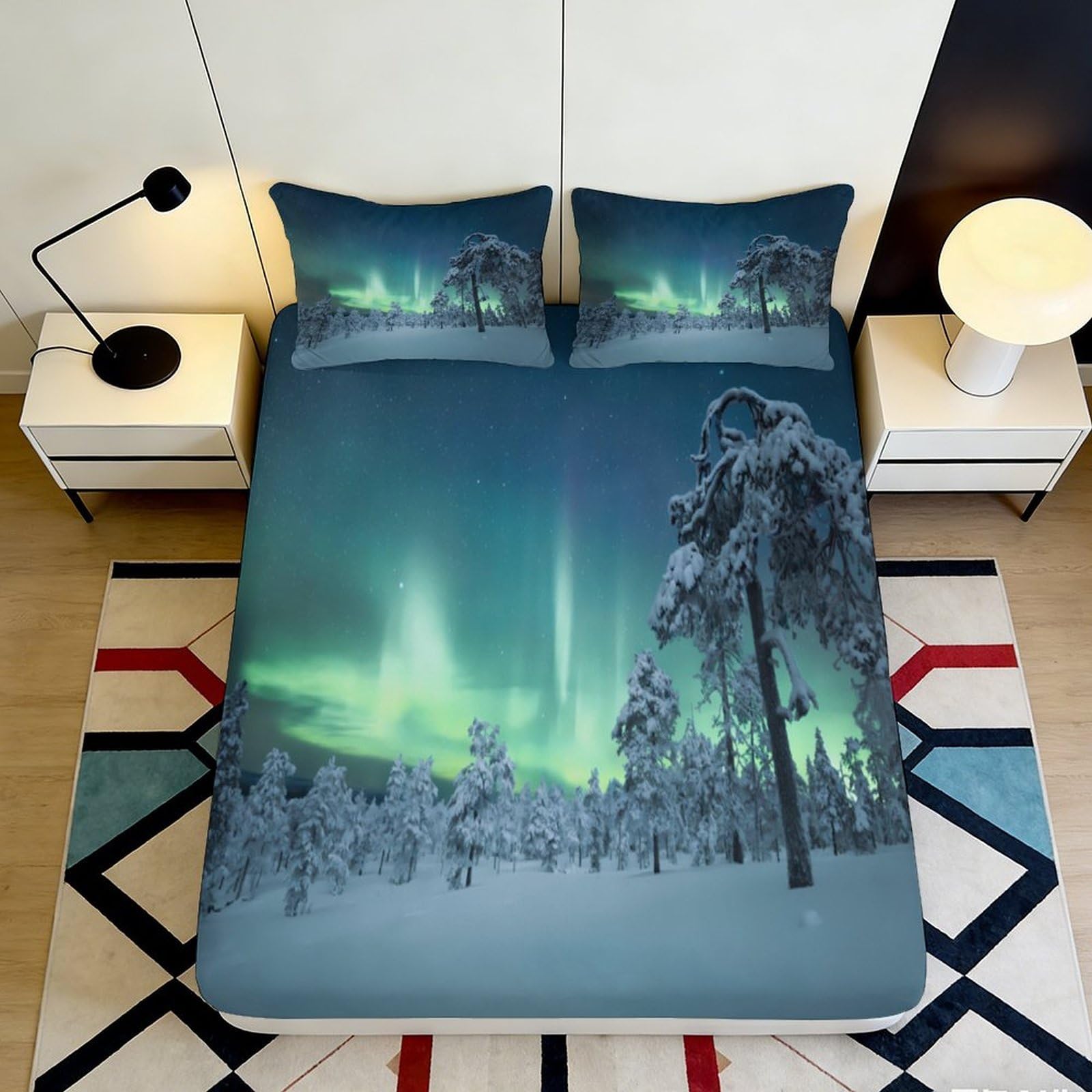 3D Printed Aurora Borealis Fitted Sheet Microfiber Soft Breathable Northern Lights Mattress Cover Bedroom Decor 90x200x25cm