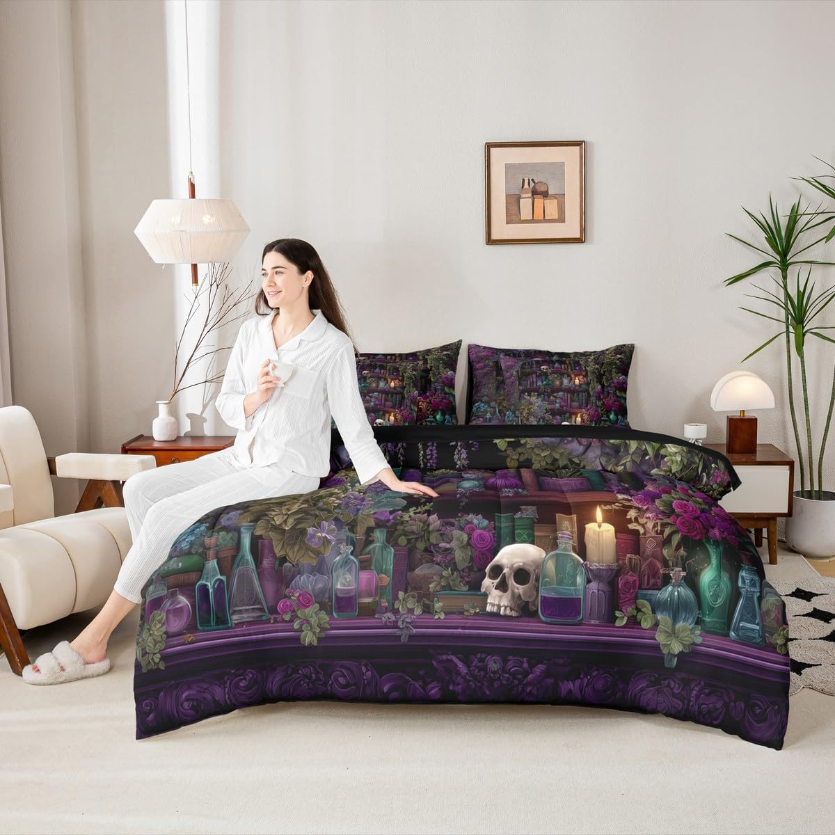 Erosebridal Gothic Skull 7 Piece Bedding Set Queen Vintage Witchy Comforter Set with Sheets Spooky Magic Bookshelf Bed in a Bag Black Retro Wizard Mysterious Cool Bed Sets Comforter