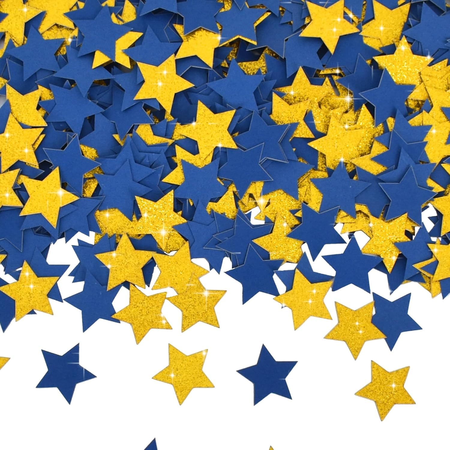 DecoGlee 200Pcs Glitter Blue Gold Stars Confetti，Shiny Paper Table Confetti for Birthday Halloween Bachelorette Wedding Bridal Shower Graduation Party Decorations Supplies