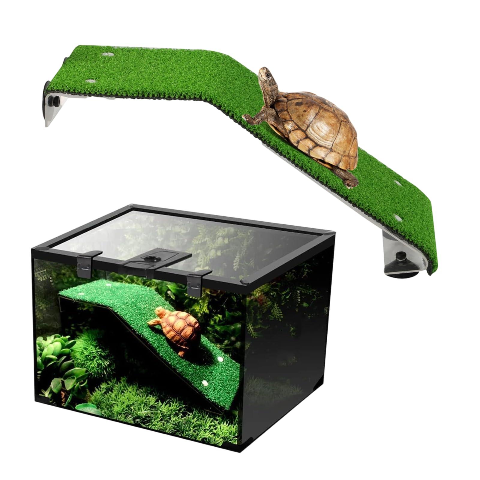 Haokaini Turtle Basking Platform Tortoise Ramp Ladder with Suction Cups Fish Tank Water Lifelike Green Turf Resting Terrace Climb Rest Dock for Reptile Frog Pier