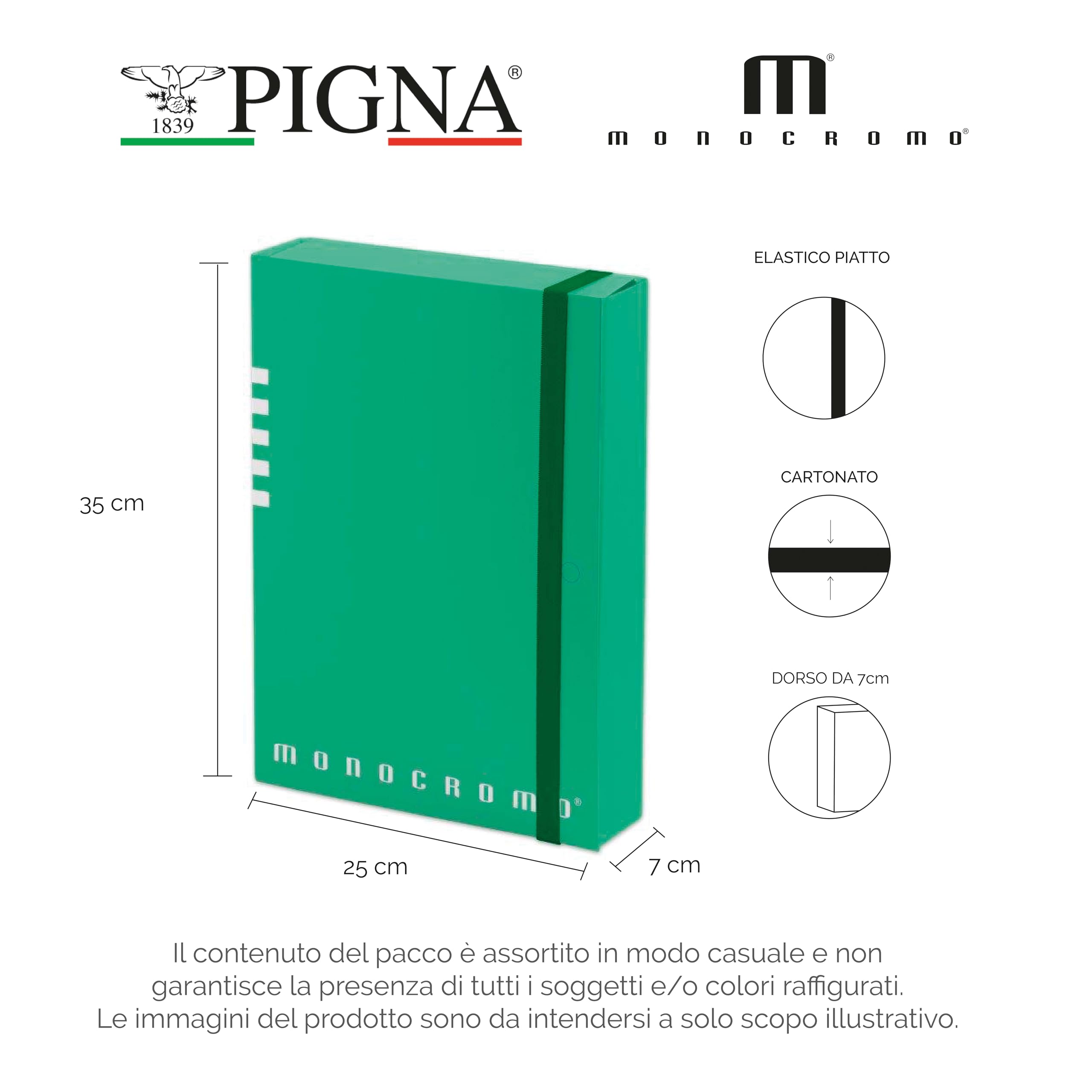 Pigna, Portaprogetti Faldone Monocromo D7 con elastico, Design Elegante, Perfetto per Archiviazione dei Documenti, 25x35x7 cm, 3 pezzi