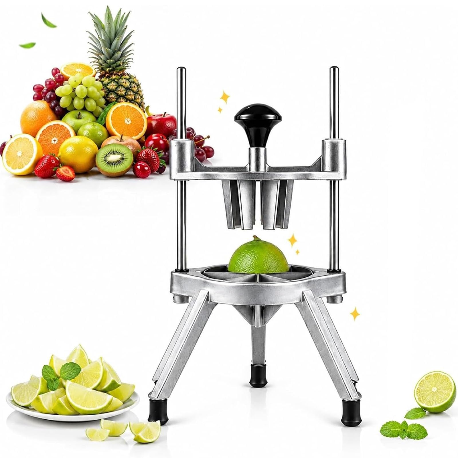 Cortador de Limones Comercial, Rebanador de Rodajas de Fruta 4/6/8 | Acero inoxidable, corte asistido por palanca, base antideslizante, cortador de cítricos fácil de limpiar, para bar(6-Wedger)