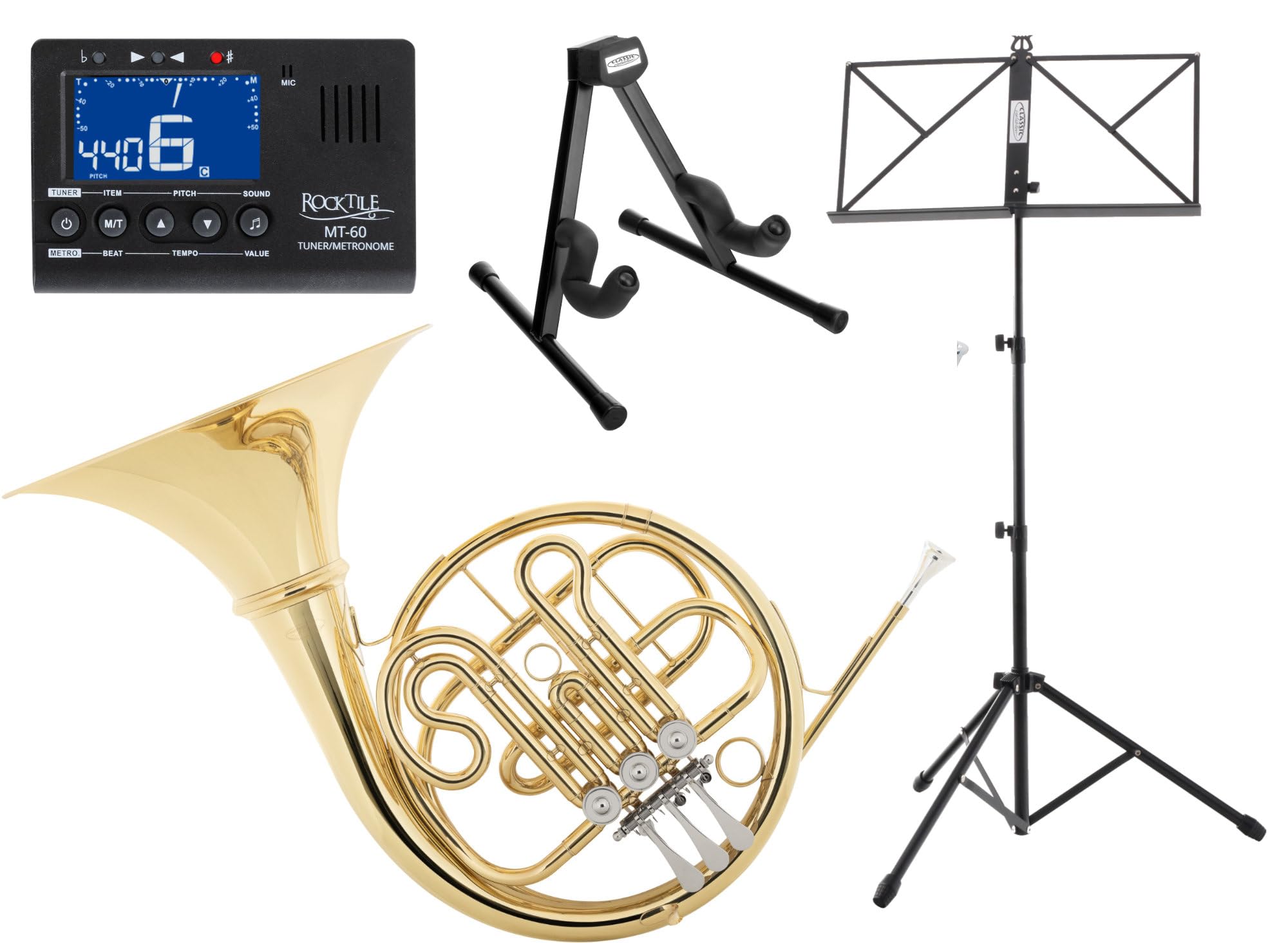 Classic Cantabile Brass WH-702-L Corno Francese Bb Set, 5 mm, Peso: 2 | Campana: 315 mm ottone, Tubo bocchino e coulisse: ottone, Valvole in nickel argento, Diametro interno: 11, 5 mm, 1 kg, Leggio