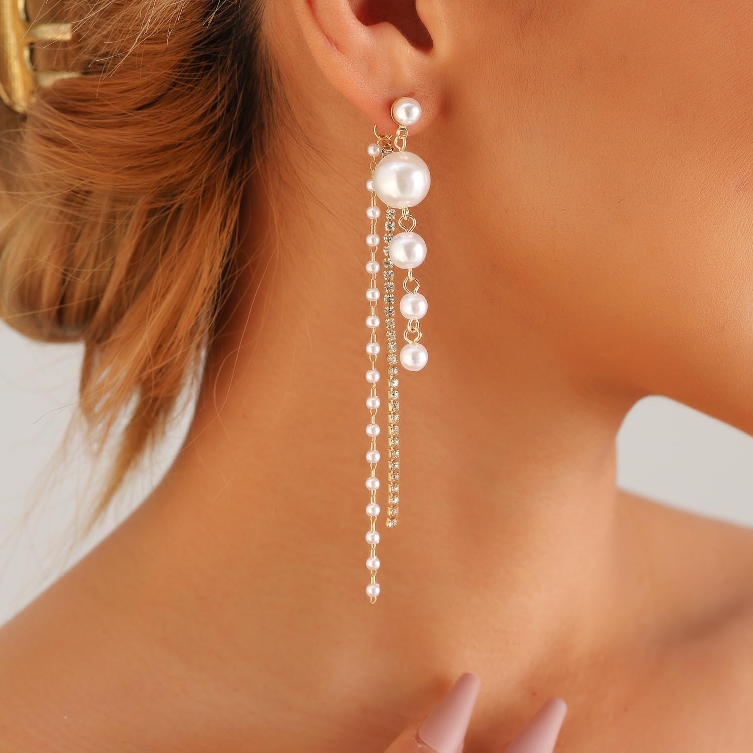 Dainty Boho Pearl Tassel Earrings - Wedding Pearl Chain Earrings for Women - Image 2