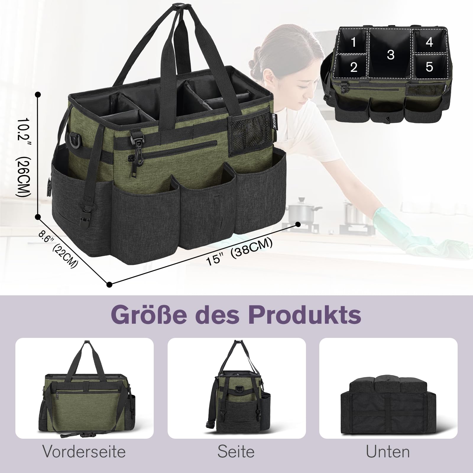 OUUTMEE Reinigungstasche 38 x 22 x 26 cm,Mit herausnehmbarem Fach Tote Reinigungstasche，Tragbarer Organizer für Reinigungsmittel Mit verstellbarem Schultergurt，Grün Groß