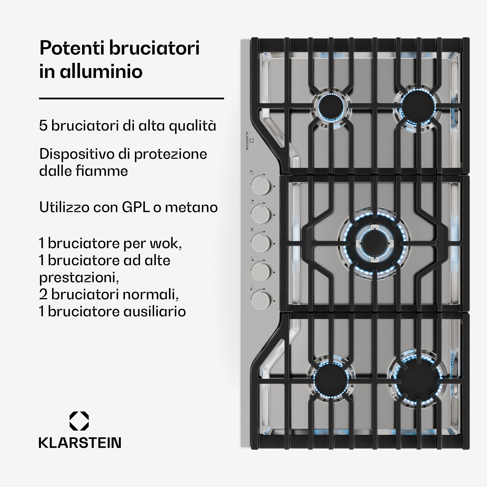 Klarstein Turbocast - Piano Cottura a Gas, 5 Bruciatori, Acciaio Inox 304, Wok: 3,4 kW, GPL, Accensione Elettrica, Supporti in Ghisa, Kit di Conversione Incluso, 910x85x510 mm