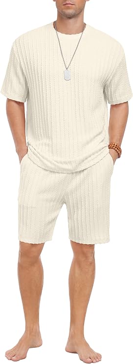 PrinStory Mens Pajamas Set Summer Pjs Sets Lightweight Short Sleeve Pajama Shorts Set Soft Sleepwear Loungewear with Pockets