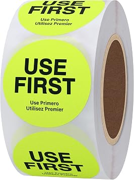 Hybsk Fluorescence USE First Stickers Restaurant Food Service FIFO Label 1.5 Inch Total 500 Labels Per Roll Fluorescence Yellow