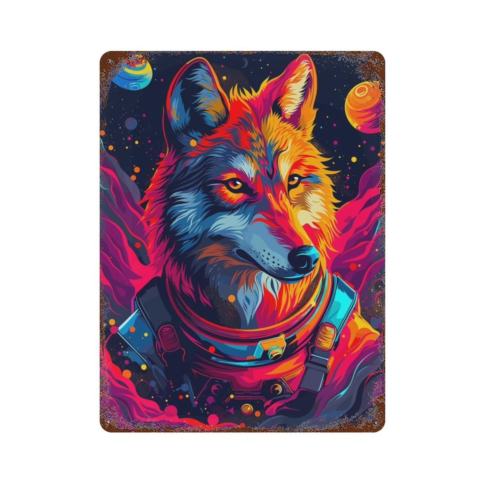 Astronaut Wolf Space Weathered Tin Sign 15.7"x11.8", Novelty Wall Decor for Garage, Pub Or Kitchen