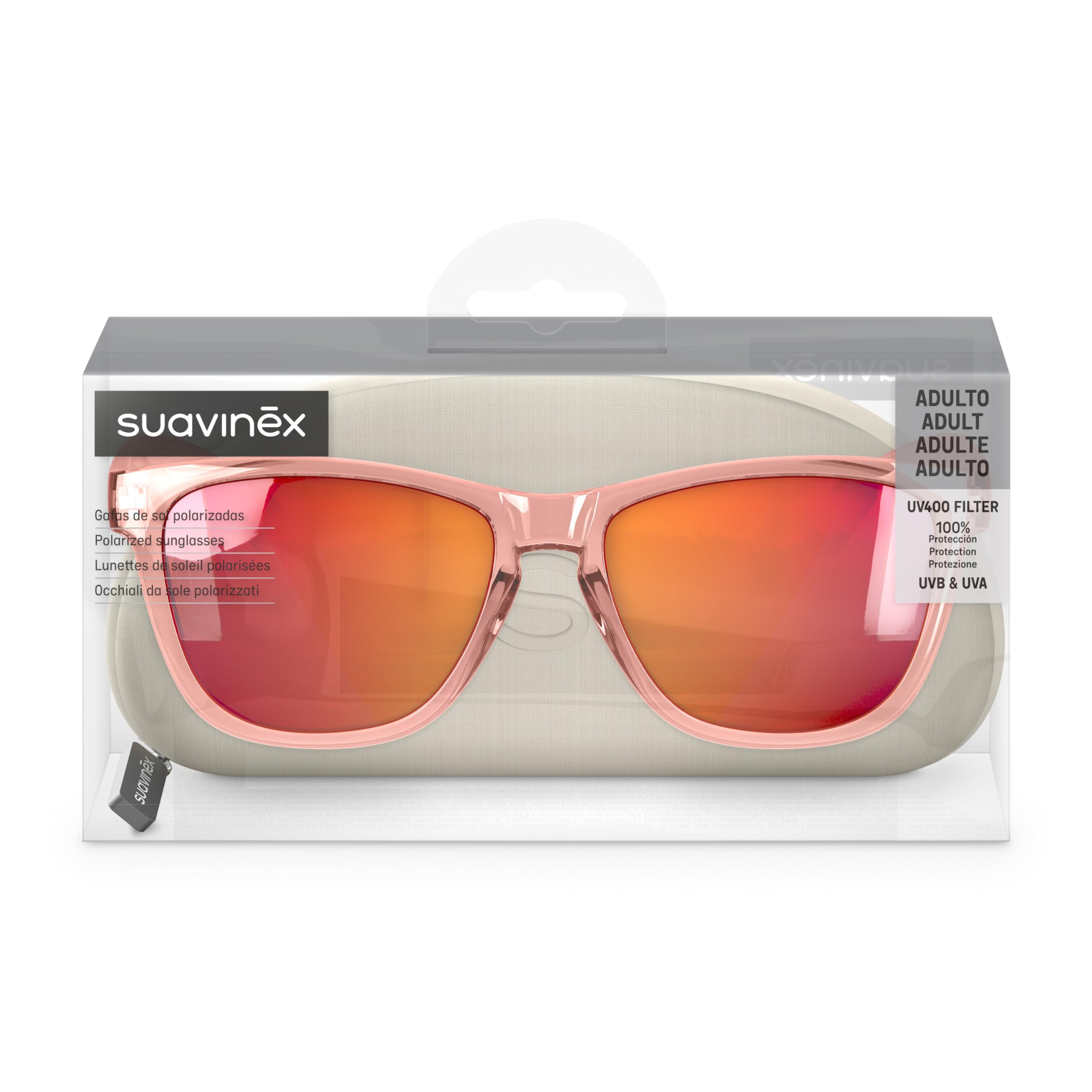 Suavinex, Lunettes de Soleil pour Adultes, pour Homme et Femme, Lunettes Polarisées avec filtre UV 400, 100% Protection UVA et UVB, CAT 3, avec Étui, Très Flexibles et Légères, Rose