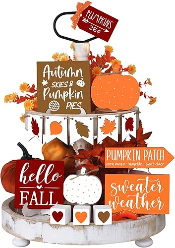 Sumind Juego de 15 piezas de decoración de bandejas escalonadas de otoño, decoración de otoño para el hogar, letreros de madera de Acción de