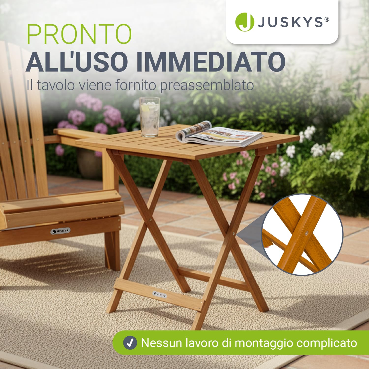 Juskys Tavolo laterale Zadar XL acacia mobile compatto richiudibile esterni 76x60x60 cm