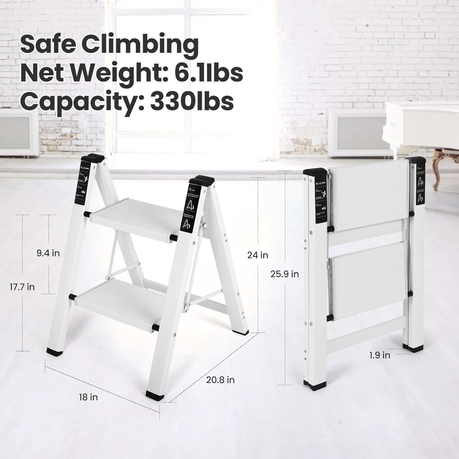 GCCSJ 2 Step Ladder, Aluminum Folding Step Stool with Anti-Slip Sturdy and Wide Pedal, Portable Space Saving Closet Step Stool for Home and Kitchen, White, 330Lbs