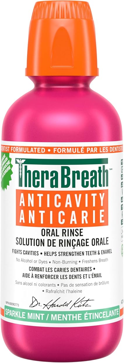TheraBreath Anticavity Oral Rinse, Fights Cavities with Fluoride, Alcohol & Dye-Free Mouthwash, Certified Vegan, Halal, Kosher & Gluten-Free, Sparkle Mint, 473ml (Pack of 1)