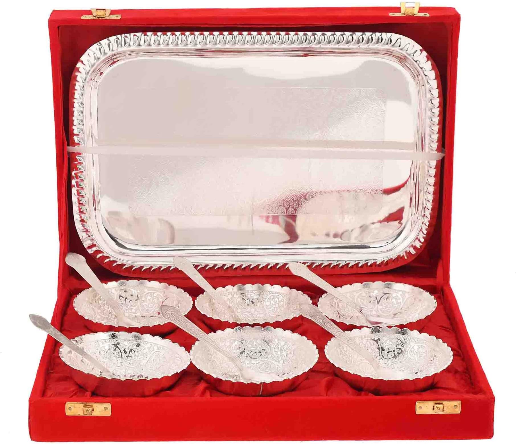 AC ANAND CRAFTS | German Silver Bowl Set | 13 pcs Set | Silver, Red Velvet Box | Best for Diwali Gift, Corporate Gift, Navratri Gift