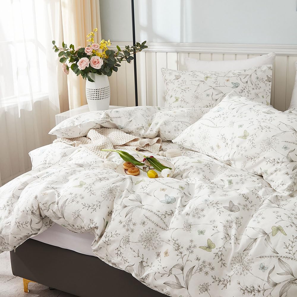 Covebett Cotton Duvet Cover Single Size White Grey Leaves Leaf Butterfly Bedding Set 2pcs, 1 Soft Cosy Quilt Comforter Cover 135x200 cm with Zipper Closure and 1 Pillowcase 50x75 cm — image 1